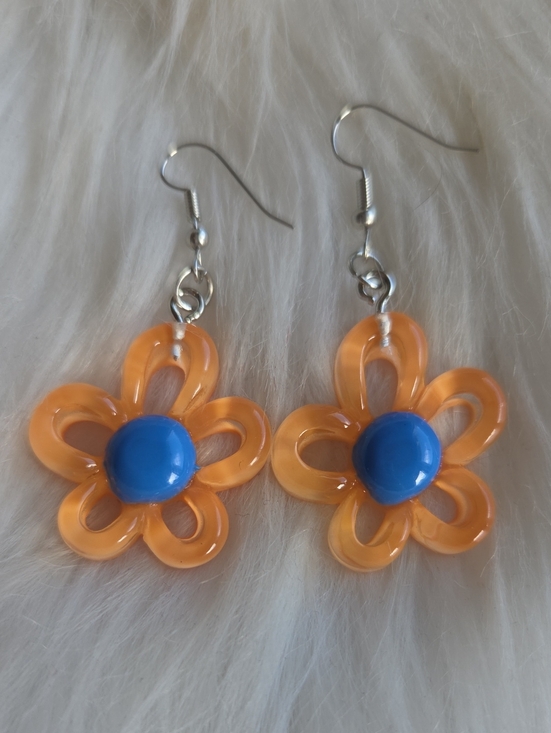 Jewelry - Orange Flower Dangle Earrings with Blue Center